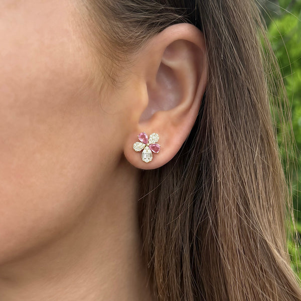 14K GOLD DIAMOND PINK SAPPHIRE TAMARA FLOWER EARRINGS