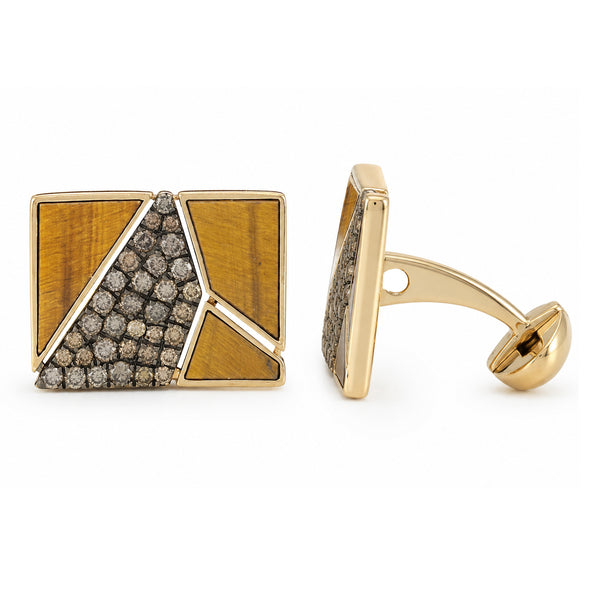 14K GOLD CHAMPAGNE DIAMOND TIGERS EYE YARON CUFFLINKS