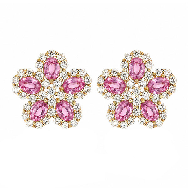 14K GOLD DIAMOND PINK SAPPHIRE CAROLINE FLOWER STUDS