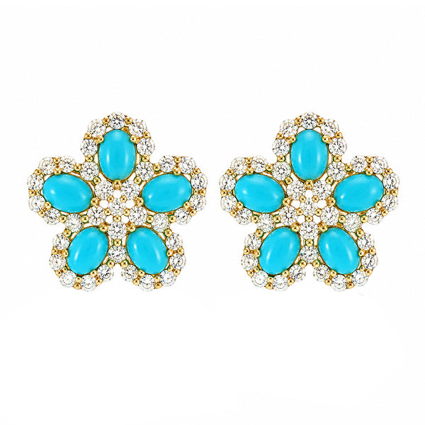 14K GOLD DIAMOND TURQUOISE CAROLINE FLOWER STUDS