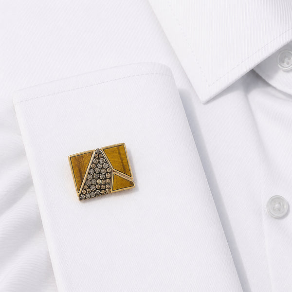 14K GOLD CHAMPAGNE DIAMOND TIGERS EYE YARON CUFFLINKS