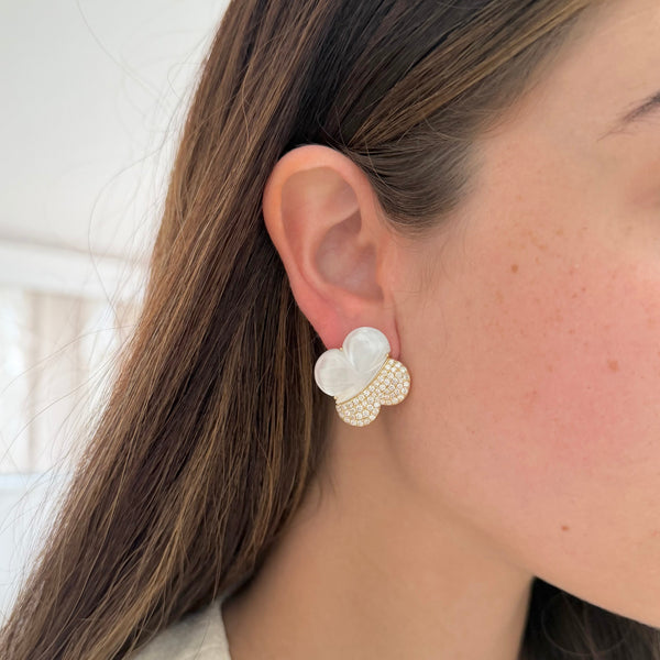 14K GOLD DIAMOND MOTHER OF PEARL SORA CLOVER EARRINGS