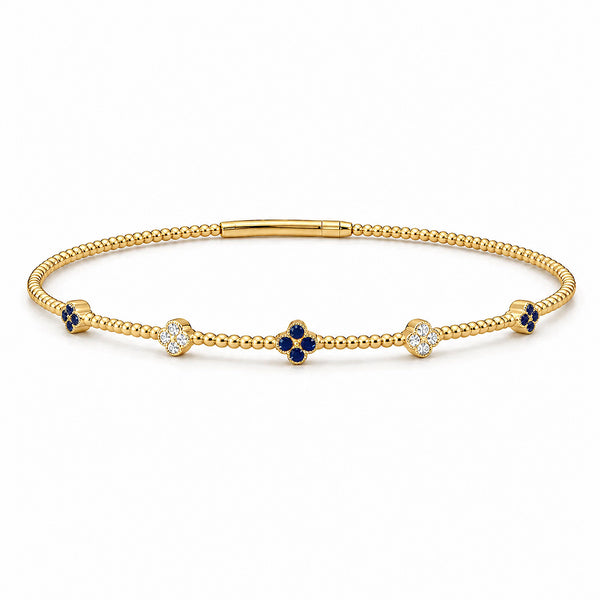 14K GOLD DIAMOND SAPPHIRE CLOVER FLEX BANGLE