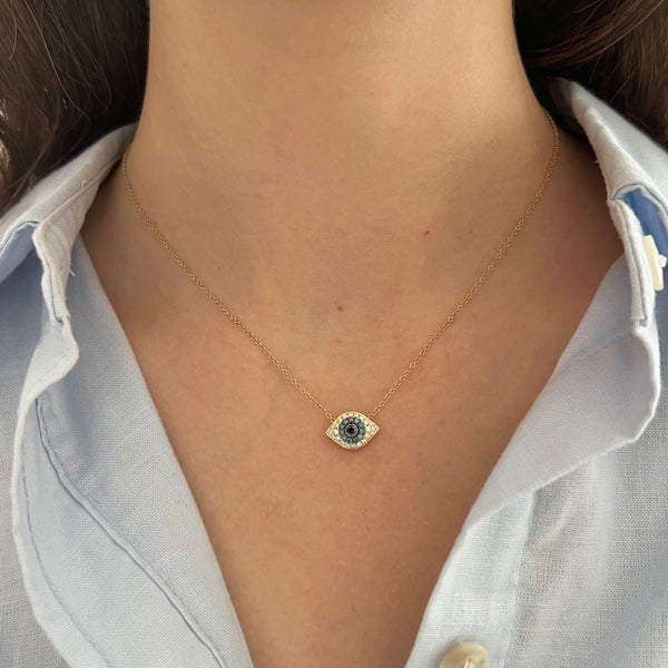 14K GOLD DIAMOND BLACK DIAMOND AND SAPPHIRE SMALL ELSIE EYE NECKLACE