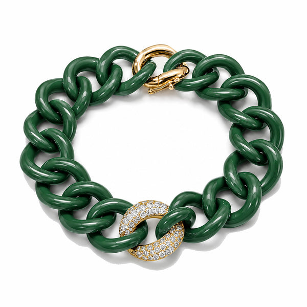 14K GOLD DIAMOND GREEN CERAMIC CUBAN BRACELET