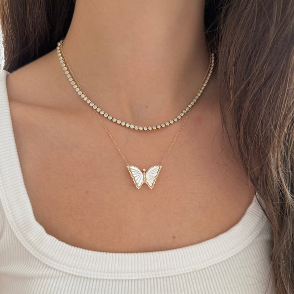 14K GOLD DIAMOND MOTHER OF PEARL BEATRIX BUTTERFLY NECKLACE