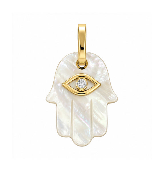 14K GOLD DIAMOND WHITE MOTHER OF PEARL HAMSA CHARM