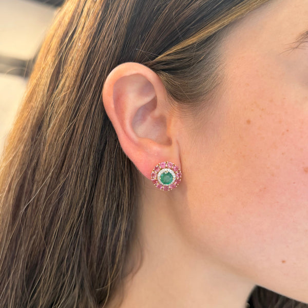 14K GOLD DIAMOND AND PINK SAPPHIRE AND EMERALD LYDIA EARRINGS