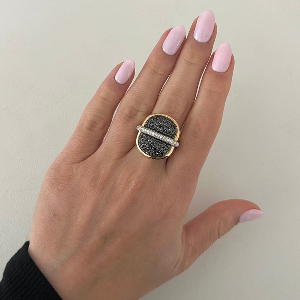14K GOLD DIAMOND AND BLACK DIAMOND MALA RING