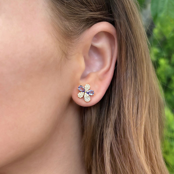 14K GOLD DIAMOND CEYLON SAPPHIRE TAMARA FLOWER EARRINGS