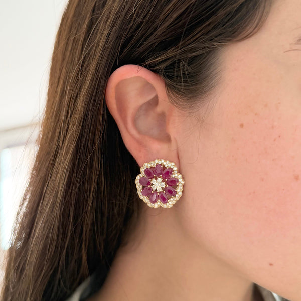 14K GOLD DIAMOND RUBY LIMOR FLOWER EARRINGS