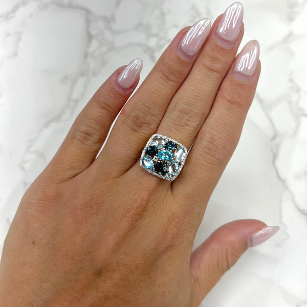 14K GOLD DIAMOND BLUE TOPAZ SARA SQAURE RING