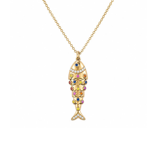14K GOLD DIAMOND MULTI COLOR SAPPHIRE FISH NECKLACE
