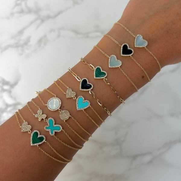 14K GOLD DIAMOND MALACHITE DOUBLE HAILEY HEART BRACELET