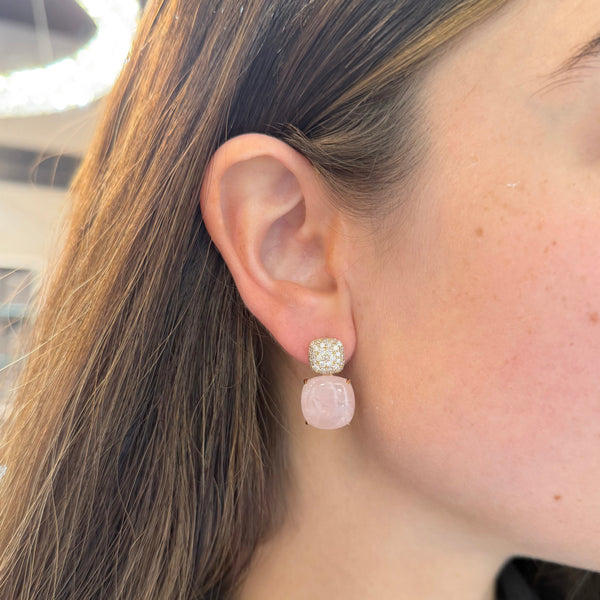 14K GOLD DIAMOND AND ROSE QUARTZ ISABELLA CUSHION EARRINGS