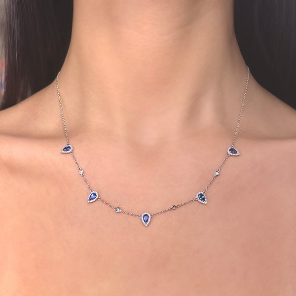 14K GOLD DIAMOND BLUE SAPPHIRE CLEO TEARDROP NECKLACE