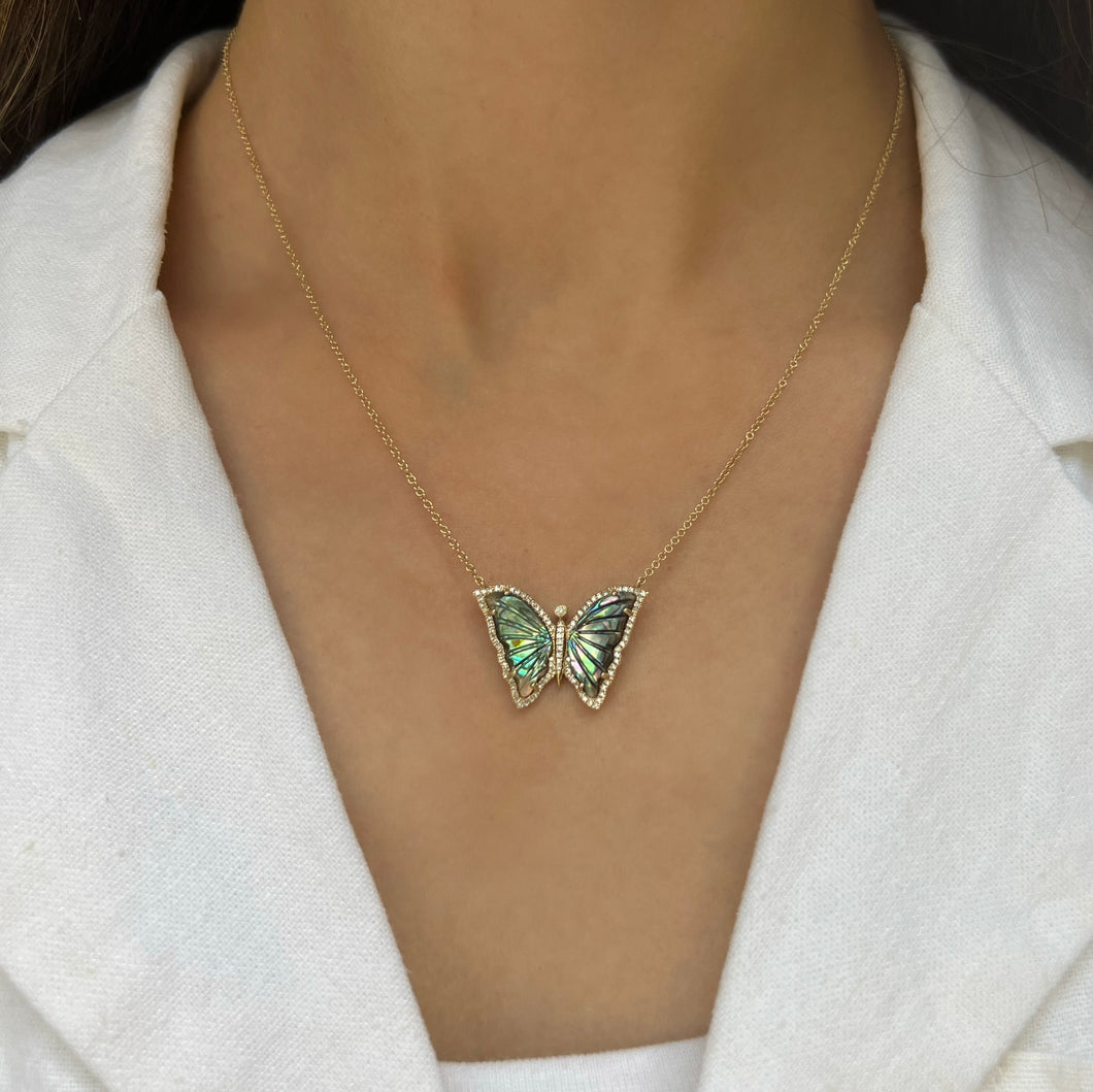 14K GOLD DIAMOND ABALONE SHELL BUTTERFLY NECKLACE