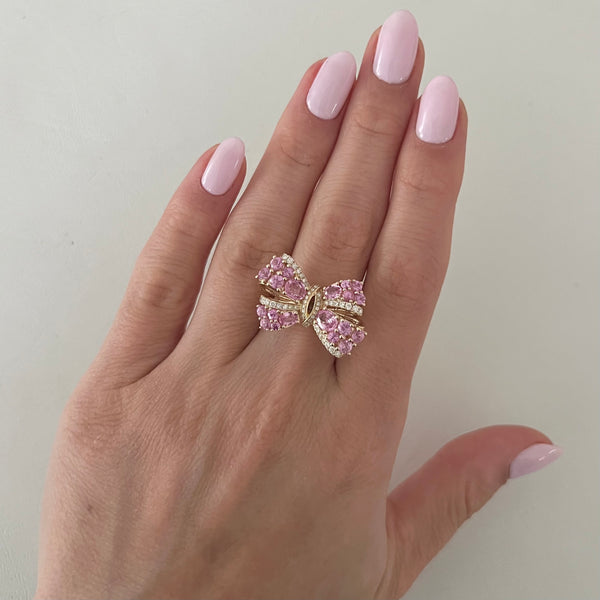 14K GOLD DIAMOND PINK SAPPHIRE KATIE BOW RING