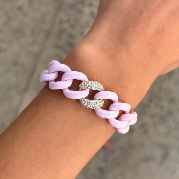 14K GOLD DIAMOND PINK CERAMIC CUBAN BRACELET