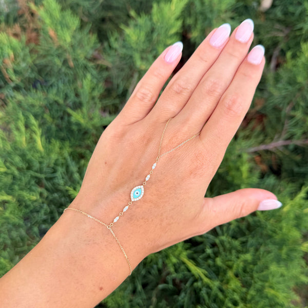 14K GOLD DIAMOND TURQUOISE EYE HAND CHAIN