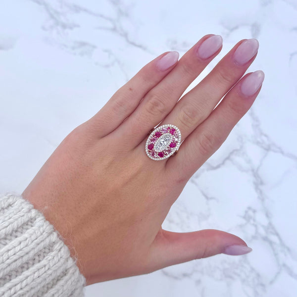 14K GOLD DIAMOND RUBY AND PINK SAPPHIRE AND WHITE SAPPHIRE MARINA RING