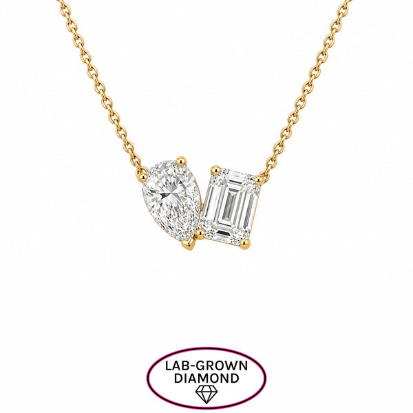 14K GOLD 2.00 CT LAB GROWN DIAMOND PEAR AND EMERALD 2 STONE NECKLACE