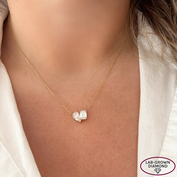 14K GOLD 2.00 CT LAB GROWN DIAMOND PEAR AND EMERALD 2 STONE NECKLACE