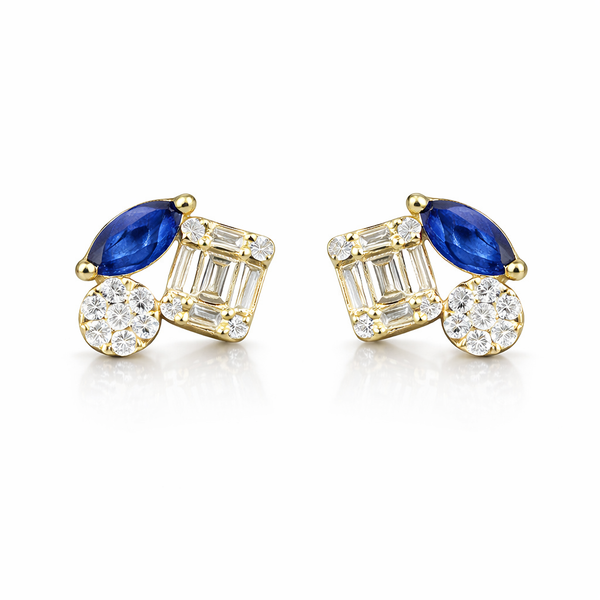 14K GOLD DIAMOND BLUE SAPPHIRE FINNY STUDS