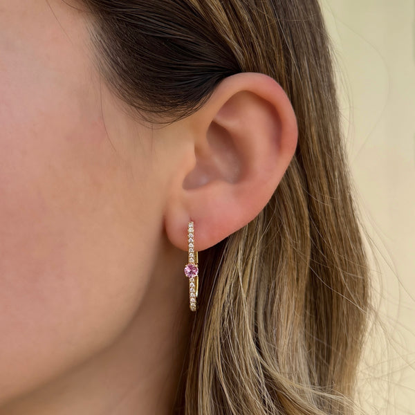 14K GOLD DIAMOND PINK SAPPHIRE FREYA HOOPS