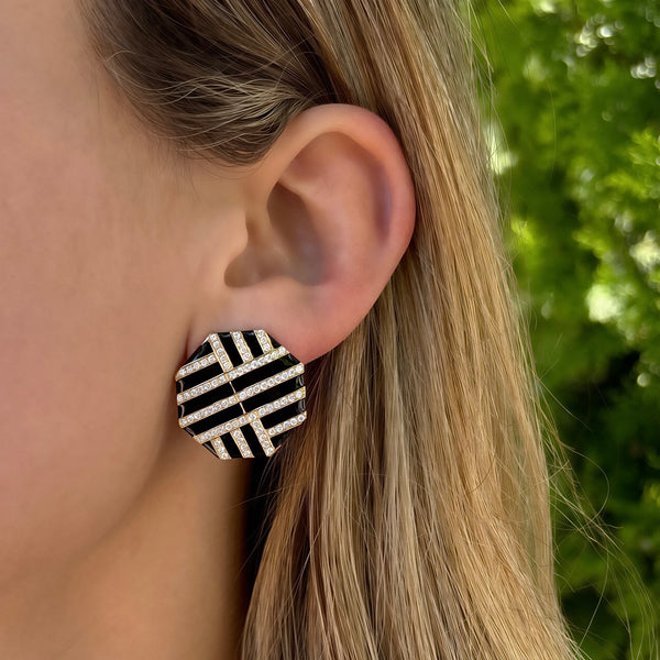 14K GOLD DIAMOND BLACK ENAMEL TERRI EARRINGS