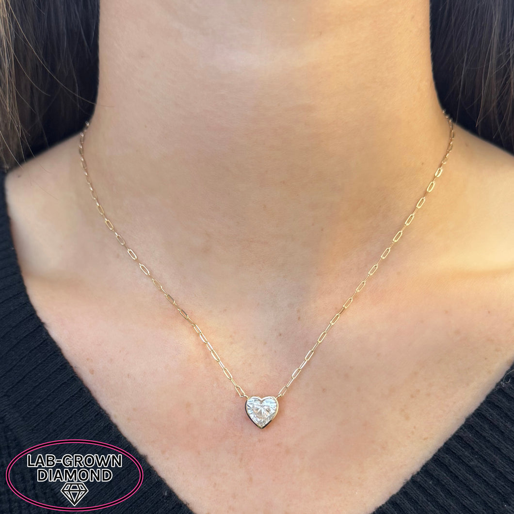 14K GOLD 2.50 CT LAB GROWN DIAMOND BEZEL HEART PAPERCLIP NECKLACE