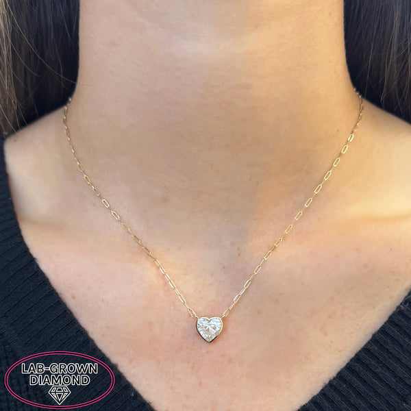 14K GOLD 2.50 CT LAB GROWN DIAMOND BEZEL HEART PAPERCLIP NECKLACE