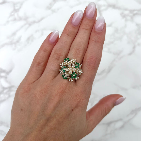 14K GOLD DIAMOND EMERALD LIZ FLOWER RING