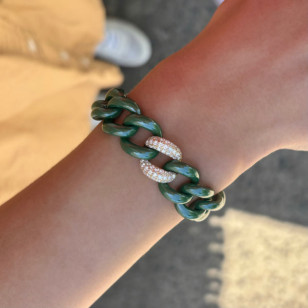 14K GOLD DIAMOND GREEN CERAMIC CUBAN BRACELET