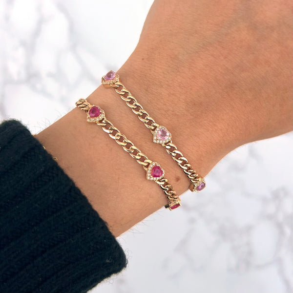 14K GOLD DIAMOND PINK SAPPHIRE SHANA HEART BRACELET