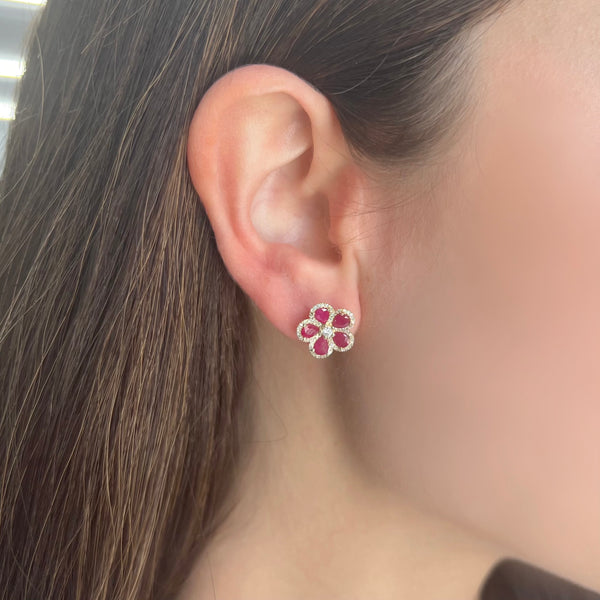 14K GOLD DIAMOND RUBY DARA FLOWER STUDS