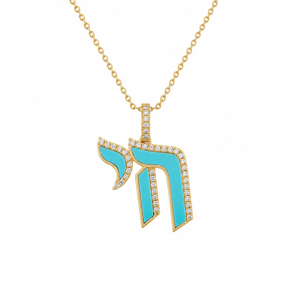 14K GOLD DIAMOND TURQUOISE CHAI NECKLACE