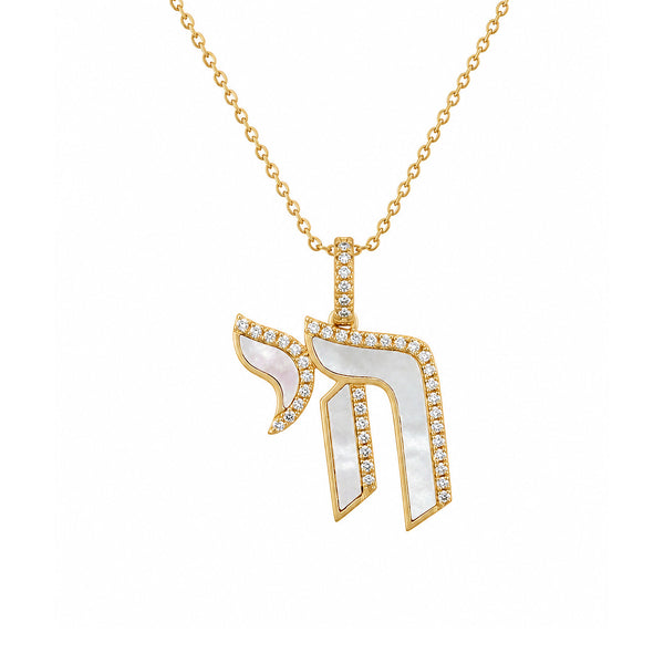 14K GOLD DIAMOND MOTHER OF PEARL CHAI NECKLACE