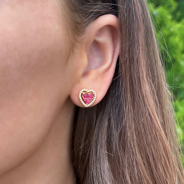 14K GOLD DIAMOND RUBY BECCA HEART STUDS