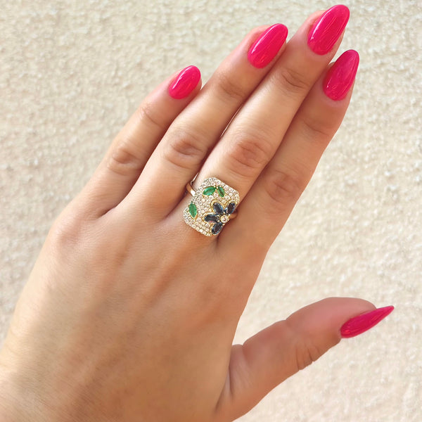 14K GOLD DIAMOND SAPPHIRE AND EMERALD RAYLEE FLOWER RING