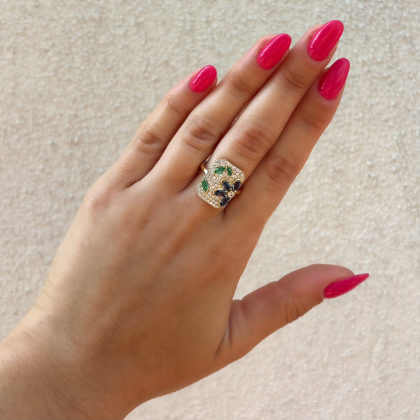 14K GOLD DIAMOND BLUE SAPPHIRE EMERALD RAYLEE FLOWER RING