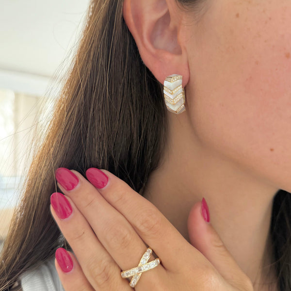 14K GOLD DIAMOND MOTHER OF PEARL SENNA HOOPS