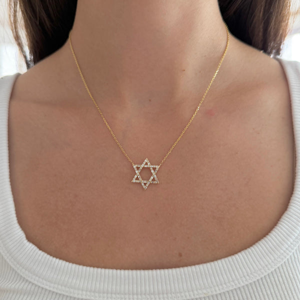 14K GOLD DIAMOND LARGE BAGUETTE STAR OF DAVID NECKLACE