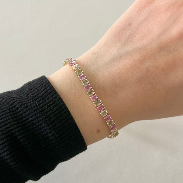14K GOLD DIAMOND GREEN AND PINK SAPPHIRE MEDIUM RENA TENNIS BRACELET