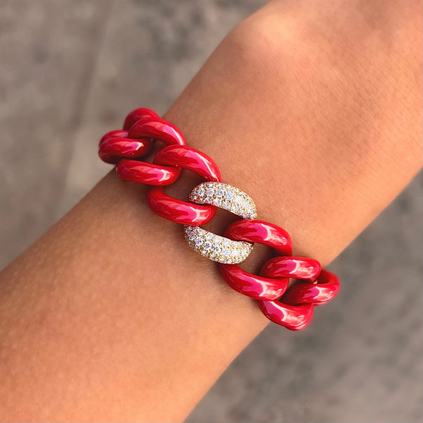 14K GOLD DIAMOND RED CERAMIC CUBAN BRACELET