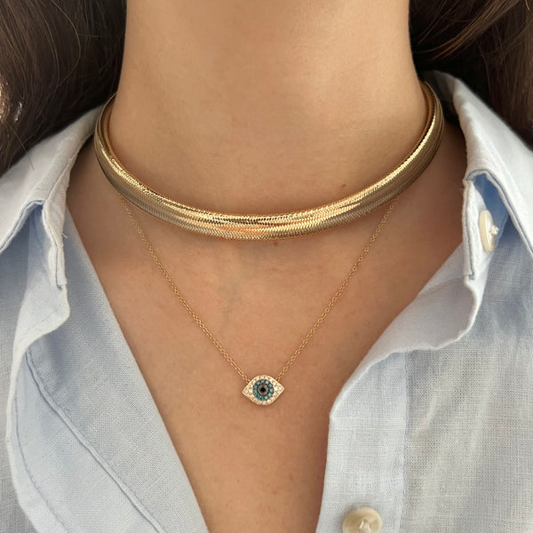 14K GOLD DIAMOND BLACK DIAMOND AND SAPPHIRE SMALL ELSIE EYE NECKLACE
