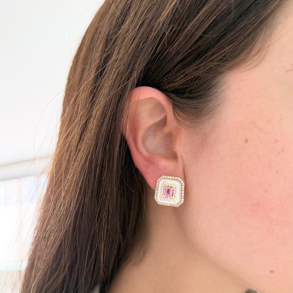 14K GOLD DIAMOND PINK SAPPHIRE MOTHER OF PEARL SARINA EARRINGS