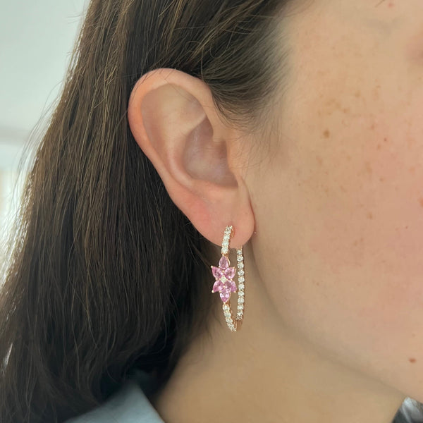 14K GOLD DIAMOND PINK SAPPHIRE ROSELYN HOOPS