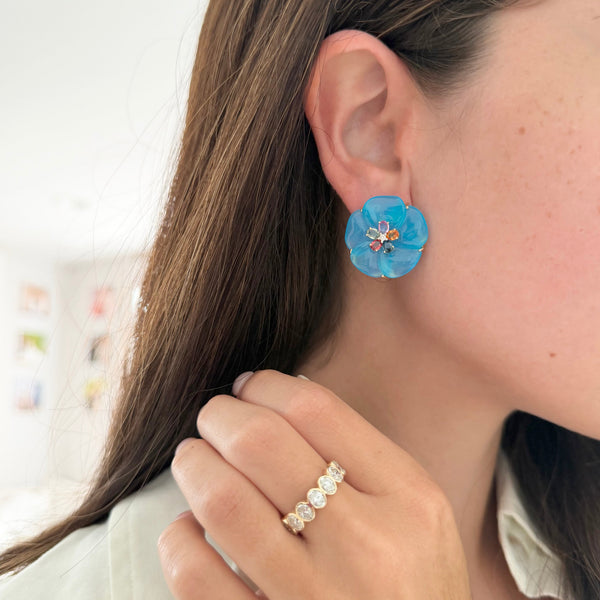 14K GOLD DIAMOND BLUE CHALCEDONY MULTI COLOR SAPPHIRE HARLEE FLOWER EARRINGS