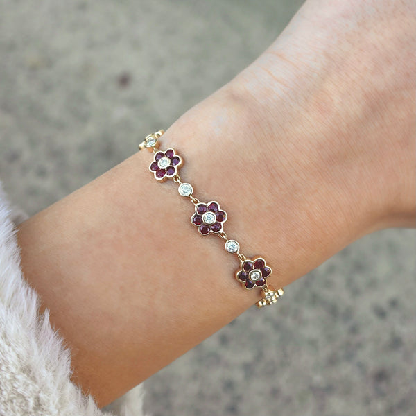 14K GOLD DIAMOND AND RUBY CELIA FLOWER BRACELET